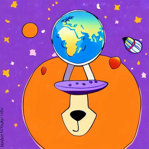 Image similar to cartoon illustration of a bear mascot being launched from a futuristic marble planet, purple and orange cloudland