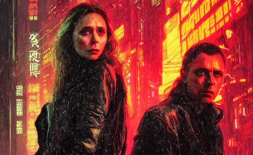 Prompt: detailed film still of portrait neon operator elizabeth olsen in the movie blade runner, messy ponytail, cyberpunk futuristic, neon, reflective puffy coat, decorated with traditional japanese by smail inceoglu dragan bibin hans thoma greg rutkowski alexandros pyromallis nekro, illustrated, perfect face, fine details, realistic shaded, fine - face, pretty face