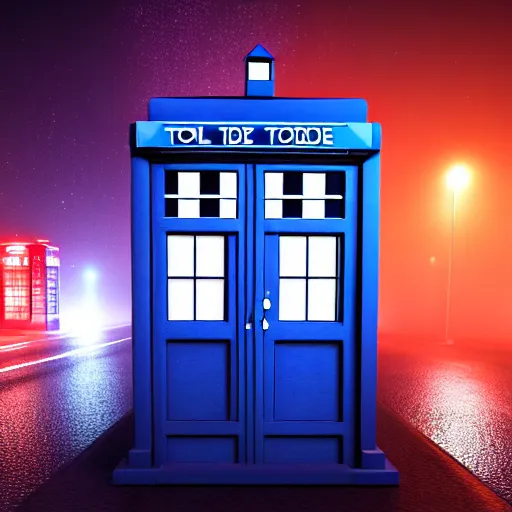 Image similar to a hyperdetailed photograph of the tardis sat on a futuristic street corner, night, dense fog, rain, hd, 8 k resolution