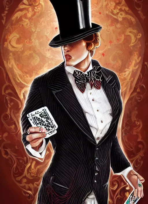 Image similar to a highly detailed illustration of stylish top hat wearing red haired attractive man, wearing suit vest, flashy pose, playing card background, intricate, elegant, highly detailed, centered, digital painting, artstation, concept art, smooth, sharp focus, league of legends concept art, WLOP