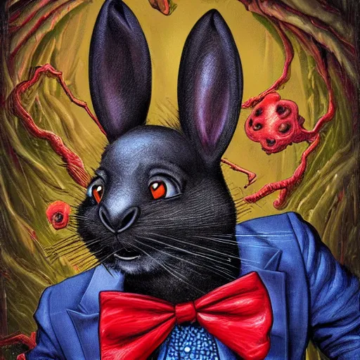 Image similar to A extremely highly detailed majestic hi-res beautiful, highly detailed head and shoulders portrait of a scary terrifying, horrifying, creepy black cartoon rabbit with a bowtie and scary big eyes, earing a shirt laughing, hey buddy, let's be friends, in the style of Walt Disney