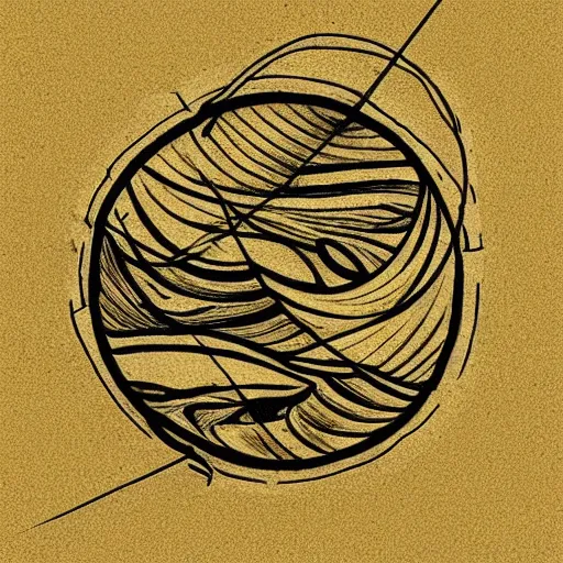 Image similar to tattoo sketch of a sea, on a yellow paper, ornamentaica, line art, minimalism, maori