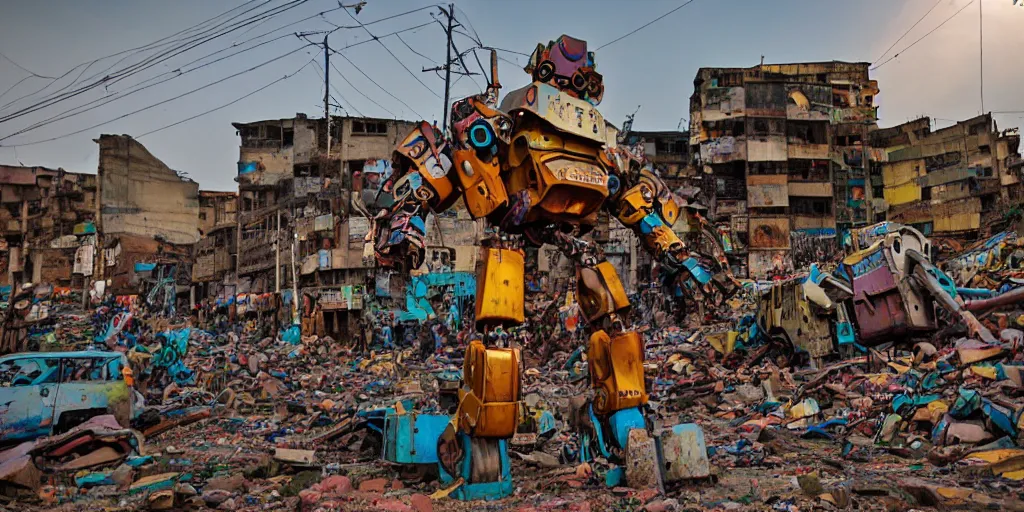 Image similar to destroyed colourful giant mecha ROBOT of AJEGUNLE SLUMS of Lagos, markings on robot, Golden Hour,