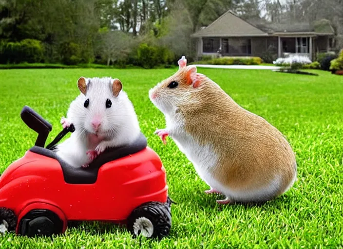 Prompt: hamster sitting on riding lawn mower