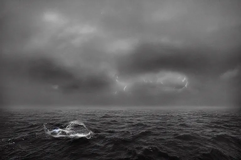Prompt: high key lighting, ighting storm, danila tkachenko, photograph of an abandonet soviet building bloc in the middle of the ocean,