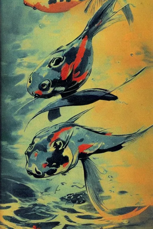 Image similar to a koi fish!! fighter robot by Frank Frazetta