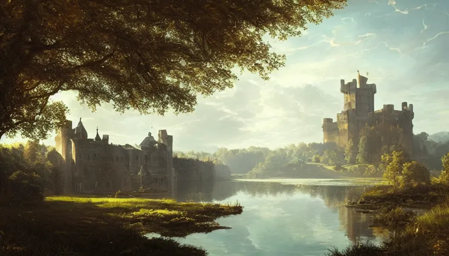 Prompt: portrait of a large lake with a castle surrounded by woodland, highly detailed, sunny, blue sky, cinematic lighting, highly angle, godrays, volumetric, photorealistic, digital art painting by greg rutkowski