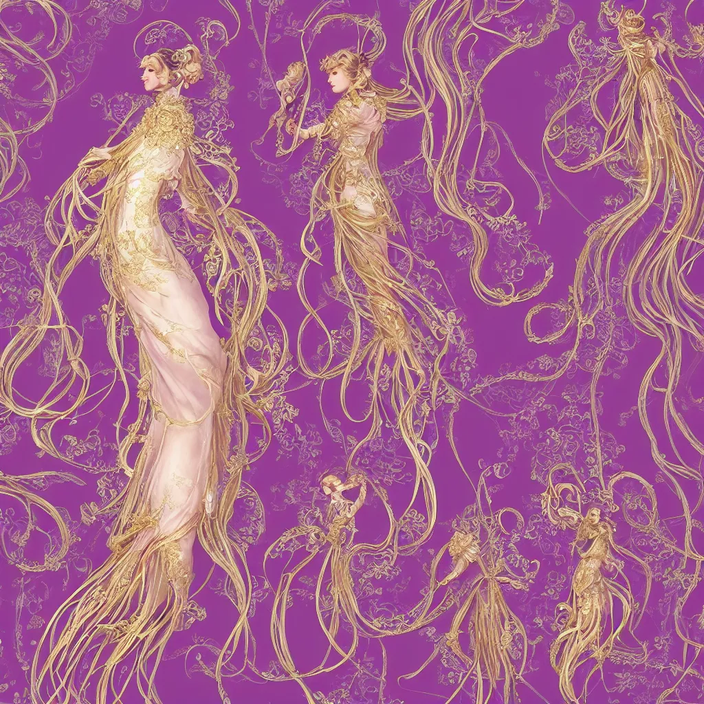 Image similar to purple dress design in the style of rococo ,Victorian era，jellyfish element,Gold roselace,dreamy, soft ,Backlight ,luminescence，Aetherpunk,highly detailed,8k