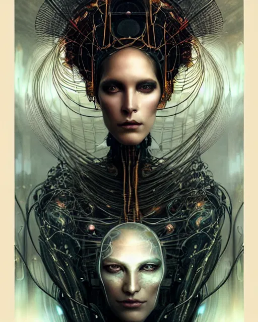 Prompt: karol bak and tom bagshaw and bastien lecouffe - deharme full body character portrait of the borg queen of sentient parasitic flowing ai, floating in a powerful zen state, supermodel, beautiful and ominous, wearing combination of mecha and bodysuit made of wires and fractal ceramic, machinery enveloping nature in the background, character art