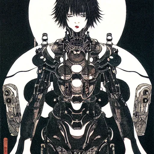 Image similar to prompt : black and white portrait soft light painted by takato yamamoto, human modified by mecha attributes and armor, inspired by ghost in shell anime, smooth face feature, intricate oil painting, high detail, sharp high detail, manga and anime 1 9 8 0