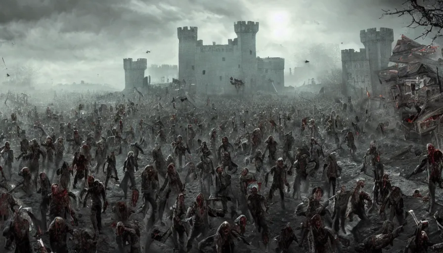 Image similar to zombie army running to english castle, wide view, hyperdetailed, artstation, cgsociety, 8 k