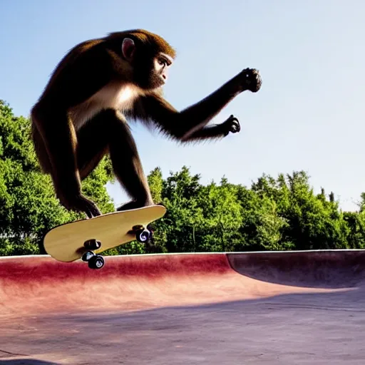 Image similar to a monkey jumping with a skateboard in a skatepark