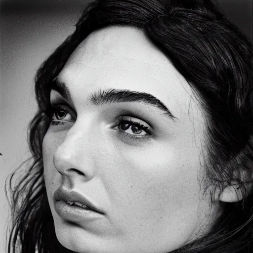 Image similar to photo of Gal Gadot by Diane Arbus, extreme closeup, black and white, high contrast, Rolleiflex, 100mm f/4 lens