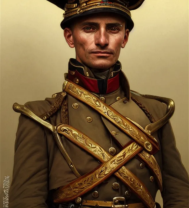 Prompt: portrait of a man wearing a traditional nineteenth century french foreign legion uniform, kepi hat, metal shoulder pauldrons, intricate, highly detailed, digital painting, artstation, concept art, sharp focus, cinematic lighting, illustration, art by artgerm and greg rutkowski, alphonse mucha, cgsociety