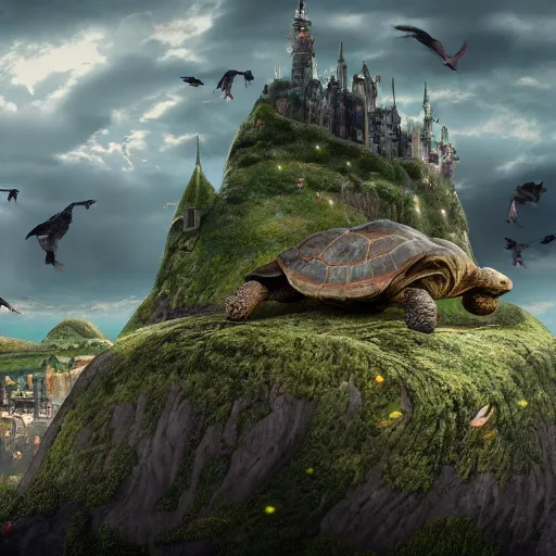 Image similar to giant tortoise walking with a large fantasy castle rising growing from the top of it, distant shot birds eye view, fantasy, hyper detailed, 4 k, howls moving castle, mortal engines,