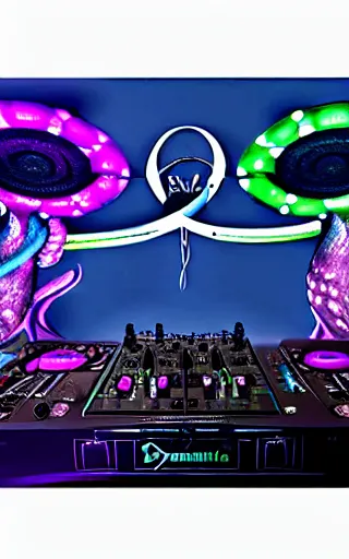 Image similar to award winning photo of an octopus! as a dj with tentacles! simultaneously placed turntables cdjs and knobs of a pioneer dj mixer. sharp, blue and fuschia colorful lighting, in front of a large crowd, studio, medium format, 8 k detail, volumetric lighting, wide angle, at an outdoor psytrance festival main stage at night