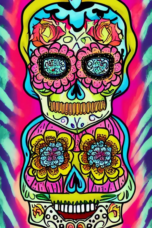 Image similar to illustration of a sugar skull day of the dead girl, art by meow wolf