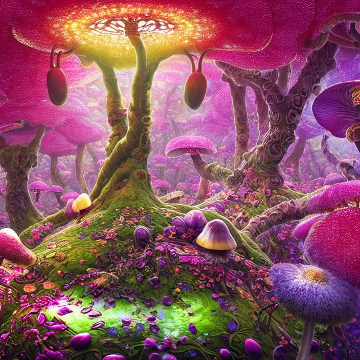 Prompt: extremely psychedelic system made of orchid and cherry blossom tree and mushroom, LSD matrix, diffuse lighting, fantasy, intricate, elegant, highly detailed, lifelike, photorealistic, digital painting, artstation, illustration, concept art, smooth, sharp focus, art by John Collier and Albert Aublet and Krenz Cushart and Artem Demura and Alphonse Mucha