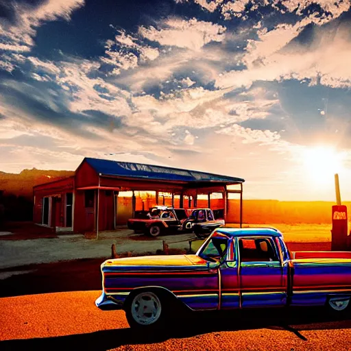 Image similar to sunset light landscape with bryce canyon, lots of sparkling details and sun ray ’ s, blinding backlight, smoke, volumetric lighting, colorful, octane, 3 5 mm, abandoned gas station, old rusty pickup - truck, beautiful epic colored reflections, very colorful heavenly, softlight