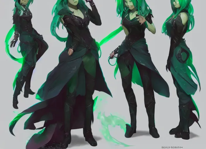 Prompt: character sheet for a beautiful and cute girl for genshin impact by greg rutkowski, black to light green fade hair, genshin impact style, sorcerer magic witch, digital art, trending on artstation, hd, 8 k, highly detailed, good lighting, beautiful, masterpiece