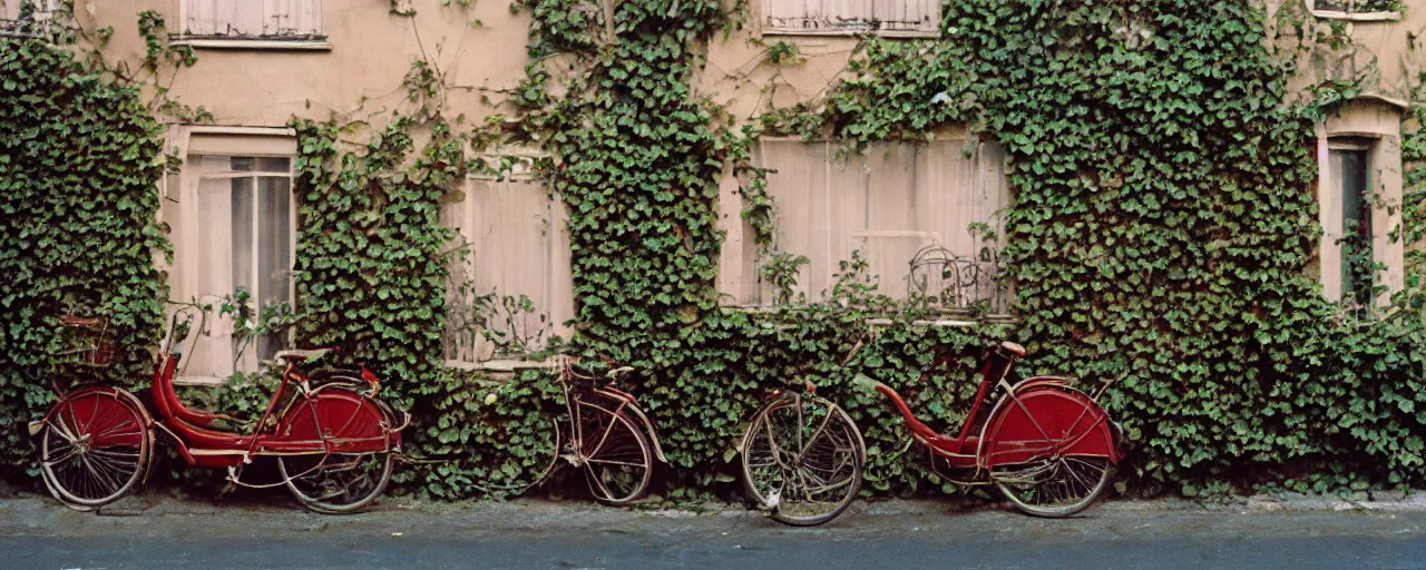 Image similar to spaghetti growing on ivy on a parisian side street, 1 9 5 0 s, canon 5 0 mm, bicycle, kodachrome, in the style of wes anderson, retro