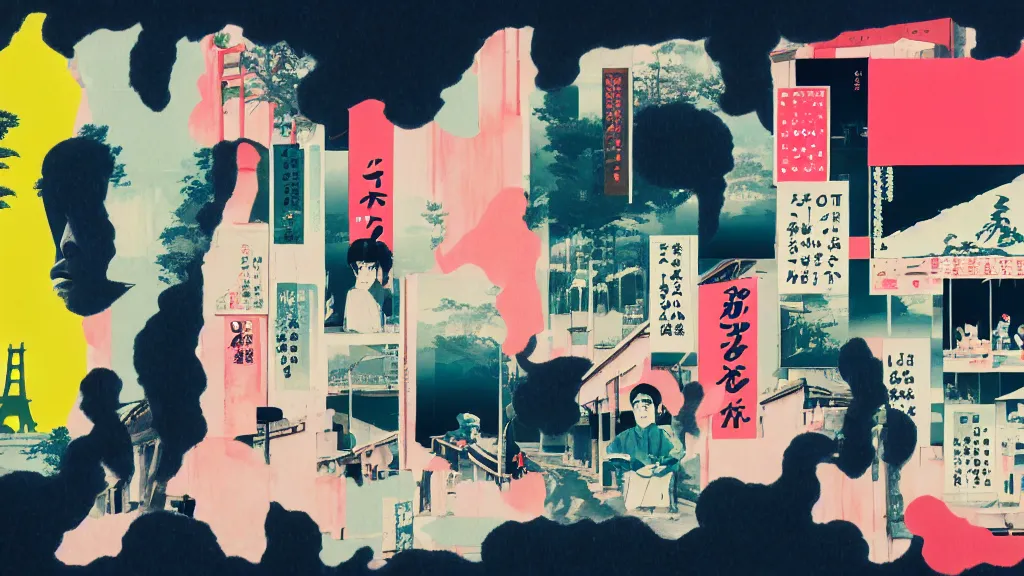 Image similar to japan, a collage painting, in the style of wes anderson, lola dupre, david hockney, isolated on negative white space background dark monochrome neon spraypaint accents volumetric octane render