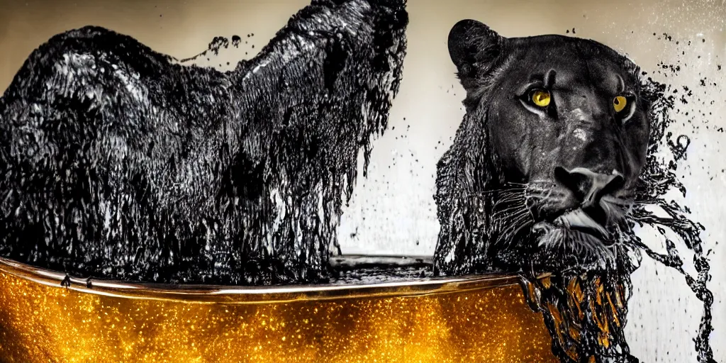 Image similar to a black lioness made of ferrofluid bathing inside the bathtub full of ferrofluid, covered in dripping ferrofluid. dslr, photography, realism, animal photography