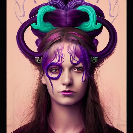 Prompt: art portrait of a furious girl with think, hair-like purple tentacles on her head and bright purple eyes, 8k,by tristan eaton, Stanley Artgermm,Tom Bagshaw,Greg Rutkowski,Carne Griffiths,trending on DeviantArt, face enhance,hyper detailed ,full of colour,