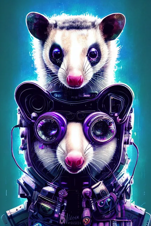 Prompt: a beautiful portrait of a cute cyberpunk opossum by sandra chevrier and greg rutkowski and wlop, purple blue color scheme, high key lighting, volumetric light, digital art, highly detailed, fine detail, intricate, ornate, complex, octane render, unreal engine, photorealistic