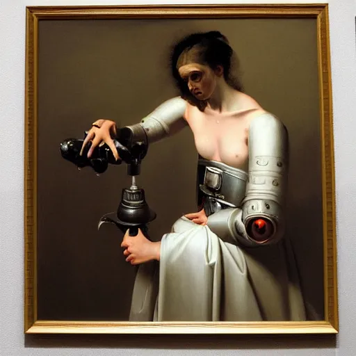 Image similar to baroque painting portrait of a robot by caravaggio in the style of greg rutkowski