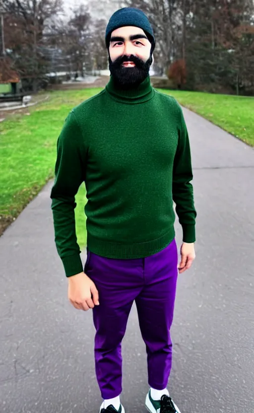Prompt: a young man with a chin - style dark brown beard without mustache in a dark black cap, green turtleneck, purple pants and super white sneakers in full height, perfect face, without mustache, chad face