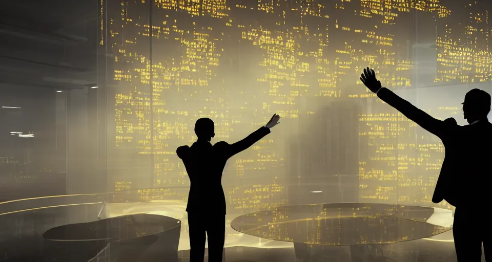 Prompt: Dramatic photo of a CEO waving goodbye to silhouettes of his coworkers in a futuristic office. Golden coins are levitating all around them. 8k, high detail, trending on Artstation, volumetric lighting, cyberpunk