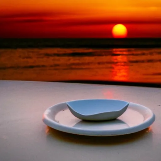 Image similar to photo of a empty white dish over a table with a sunset on the beach in the background