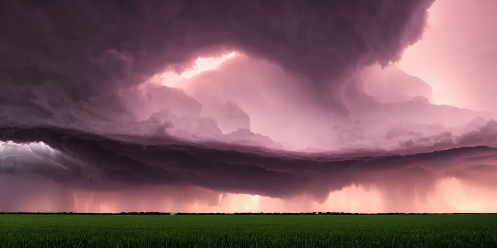Prompt: a supercell storm dark and brooding far away in the distance, open farming fields the foreground during sunset, storm of all storms, end of the world, nature, cinematic, hyperrealistic, evil, dark, cgsociety, 8 k, by stephen king