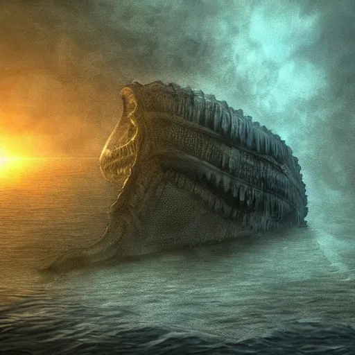 Prompt: Giant ancient Leviathan creature the size of a ship at the bottom of the ocean next to a sunken cargo ship, dark, creepy, digital art