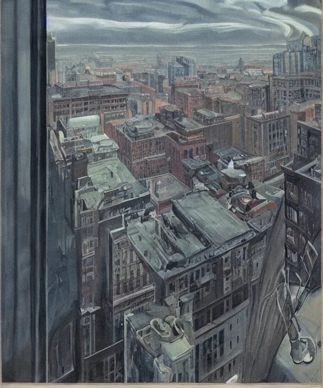 Image similar to horrifying full color photorealistic painting of the view from a 1 9 2 5 hotel terrace balcony overlooking a warped view of downtown 1 9 2 5 boston with a cosmic sky, dark, atmospheric, brooding, smooth, finely detailed, cinematic, epic, in the style of dave dorman