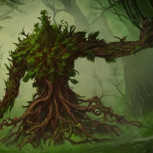 Prompt: giant green old treant creature, treant made of leaves and roots, old treant, old humanoid ents, epic fantasy style, green theme, forest background, hearthstone artwork