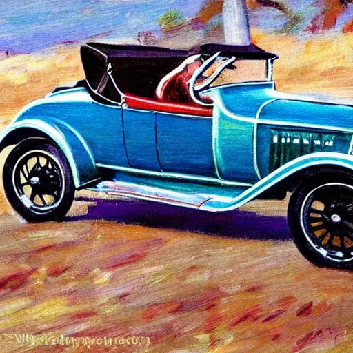 Prompt: 1 9 2 8 chevy roadster racing a greyhound puppy, impressionist art - n 4