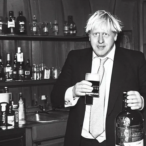 Image similar to grainy telephoto shot through a window at night of Boris Johnson standing in a kitchen and holding a bottle of beer