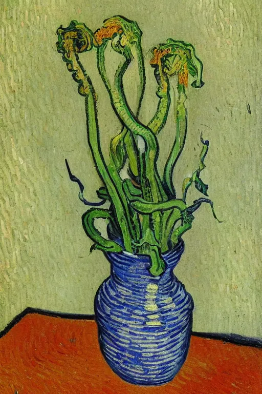 Image similar to Fiddleheads, painted by Vincent Van Gogh (1890), oil on canvas, detailed brushstrokes