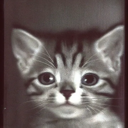 Prompt: overexposed Polaroid photo of a kitten getting scared, bright camera flash, 1990