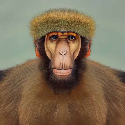 Image similar to An exquisite oil painting of a mandrill baboon dressed like Prince Philip with a lovely beard