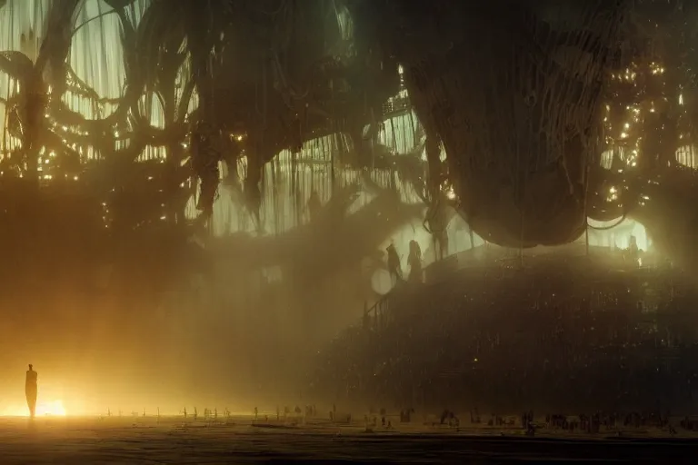 Image similar to parting the sea, full shot, photo, volumetric lighting, epic composition, intricate details, dark neon punk, by denis villeneuve , Greg Rutkowski and Alphonse Mucha