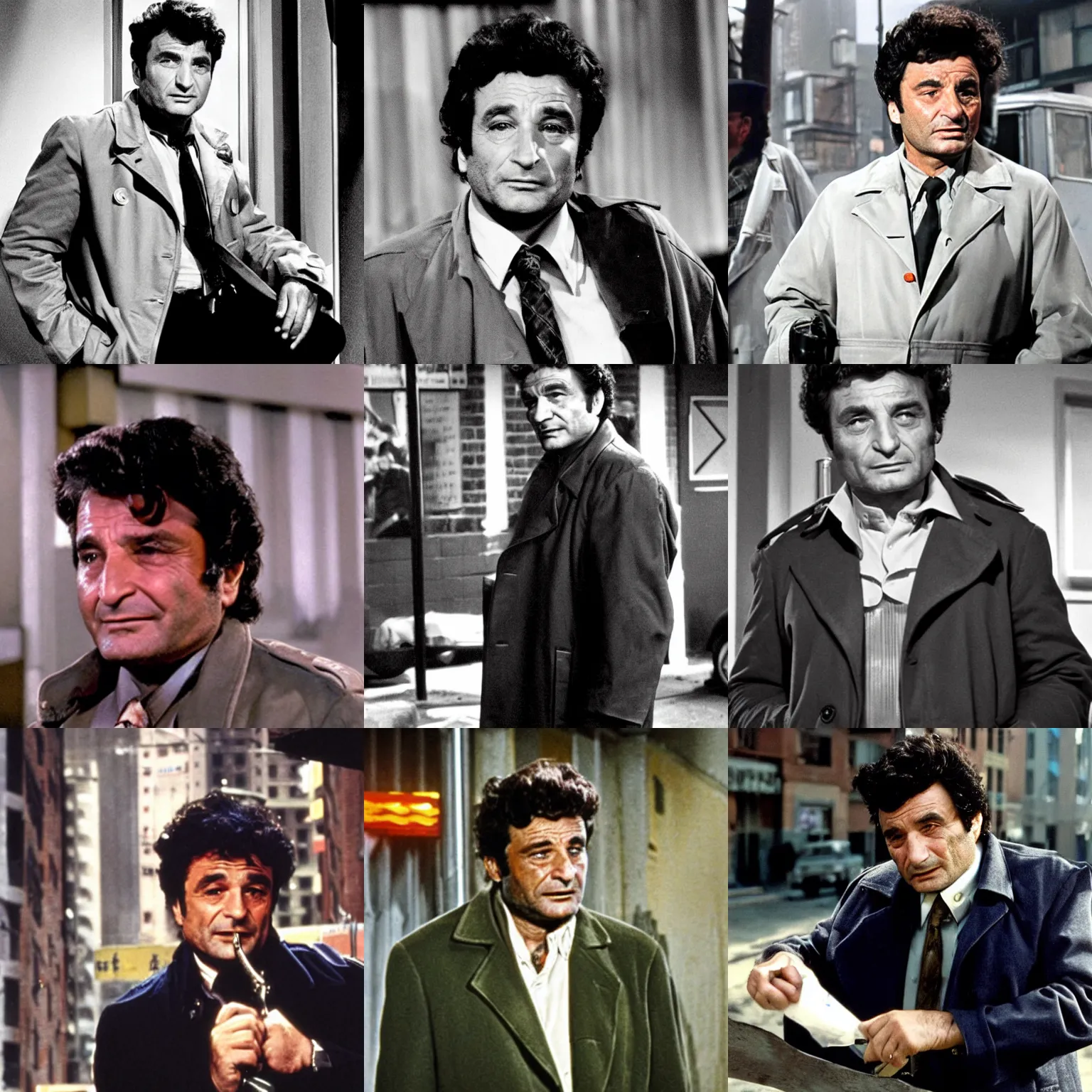 Prompt: police detective columbo ( played by young peter falk ) in his messy trenchcoat, smirking, in a cyberpunk city