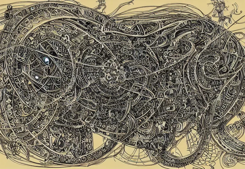 Prompt: small schematic blueprint of highly detailed ornate filigreed convoluted ornamented elaborate cybernetic rat, centered composition, wide angle, zoomed out, art by da vinci