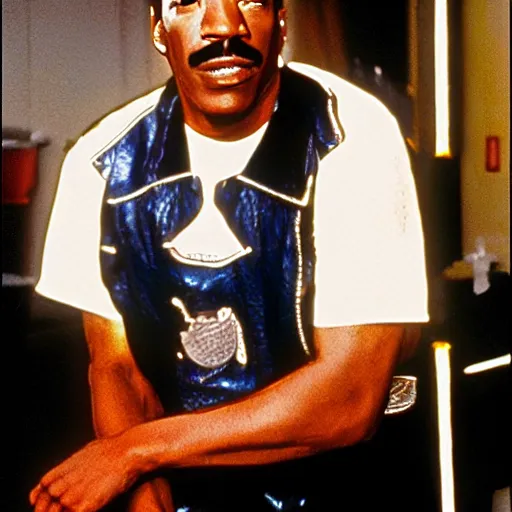 Prompt: a 8 0's movie poster starring eddie murphy as a plumber for rich people. hes in a bathroom. the movie is titled beverly hills crap