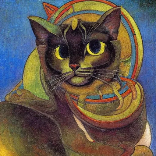 Prompt: masterpiece painting of a mechanical cloisonne cat head sculpture, by annie swynnerton and and diego rivera and nicholas roerich and jean delville, spacecat, symbolist, dramatic lighting, god rays, art brut, rich colors, smooth, sharp focus, extremely detailed, adolf wolfli and ( donato giancola and bilibin )