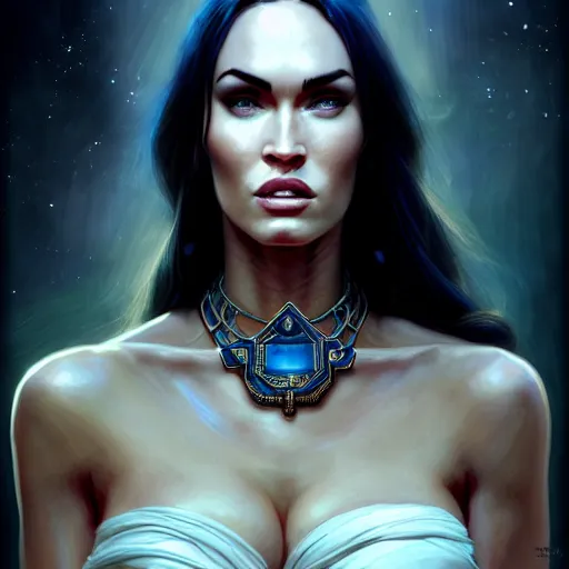 Image similar to portrait of megan fox, muscular upper body, slave collar, greek, jewelry, blue dress, fantasy, intricate, elegant, highly detailed, digital painting, artstation, concept art, matte, sharp focus, illustration, art by aenaluck and roberto ferri and greg rutkowski, epic fantasy, digital painting