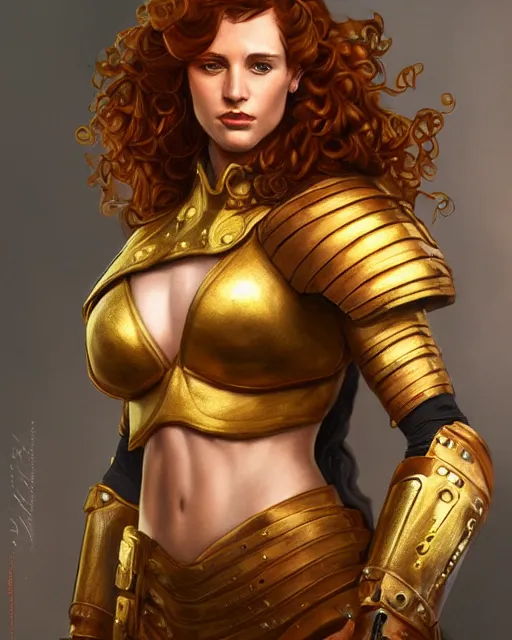 Prompt: Hyper realistic portrait of a strong female fighter with beautiful curly shiny copper hair and broad shoulders, she is from Troy and wears a golden armor, high contrast, artwork in the style of Alphones Mucha and Artgerm and Brad Rigney and Trevor Jones, trending on artstation