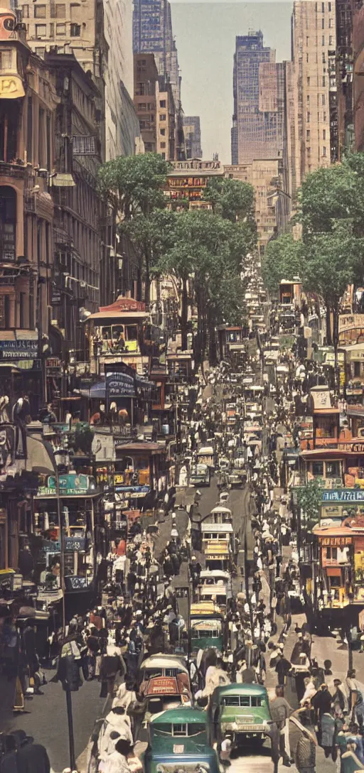 Prompt: a colorized 1 9 6 0 s bustling city street with cable cars and pedestrians and trees